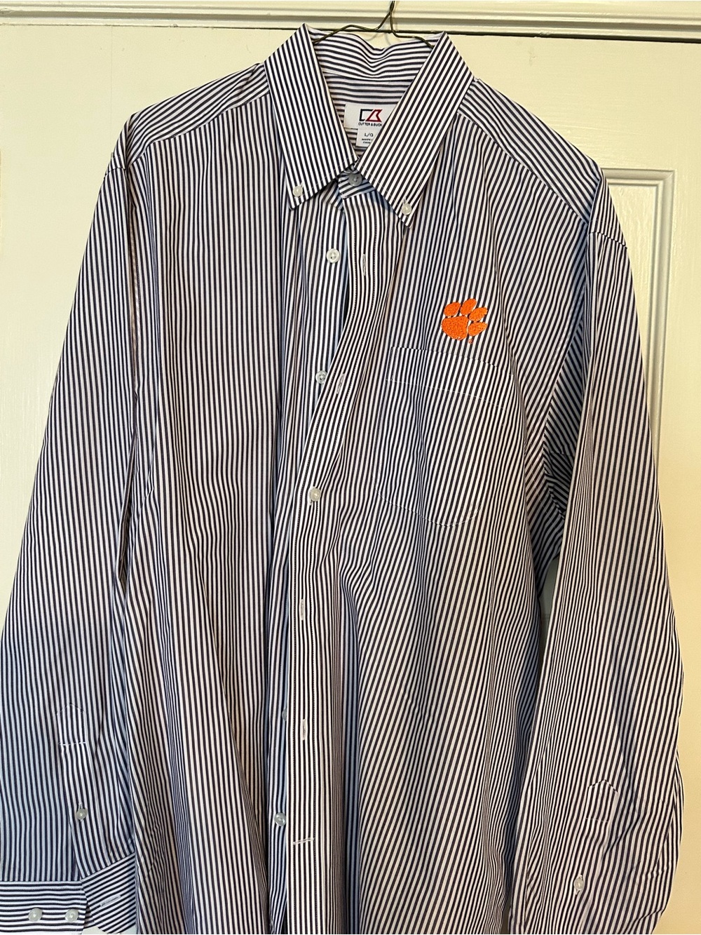 Sports Fans!!! Striped Button-Down Men's Dress Shirt with Orange Paw Logo
